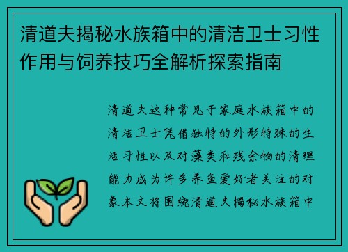 清道夫揭秘水族箱中的清洁卫士习性作用与饲养技巧全解析探索指南 清道夫揭秘水族箱中的清洁卫士习性作用与饲养技巧全解析探索指南